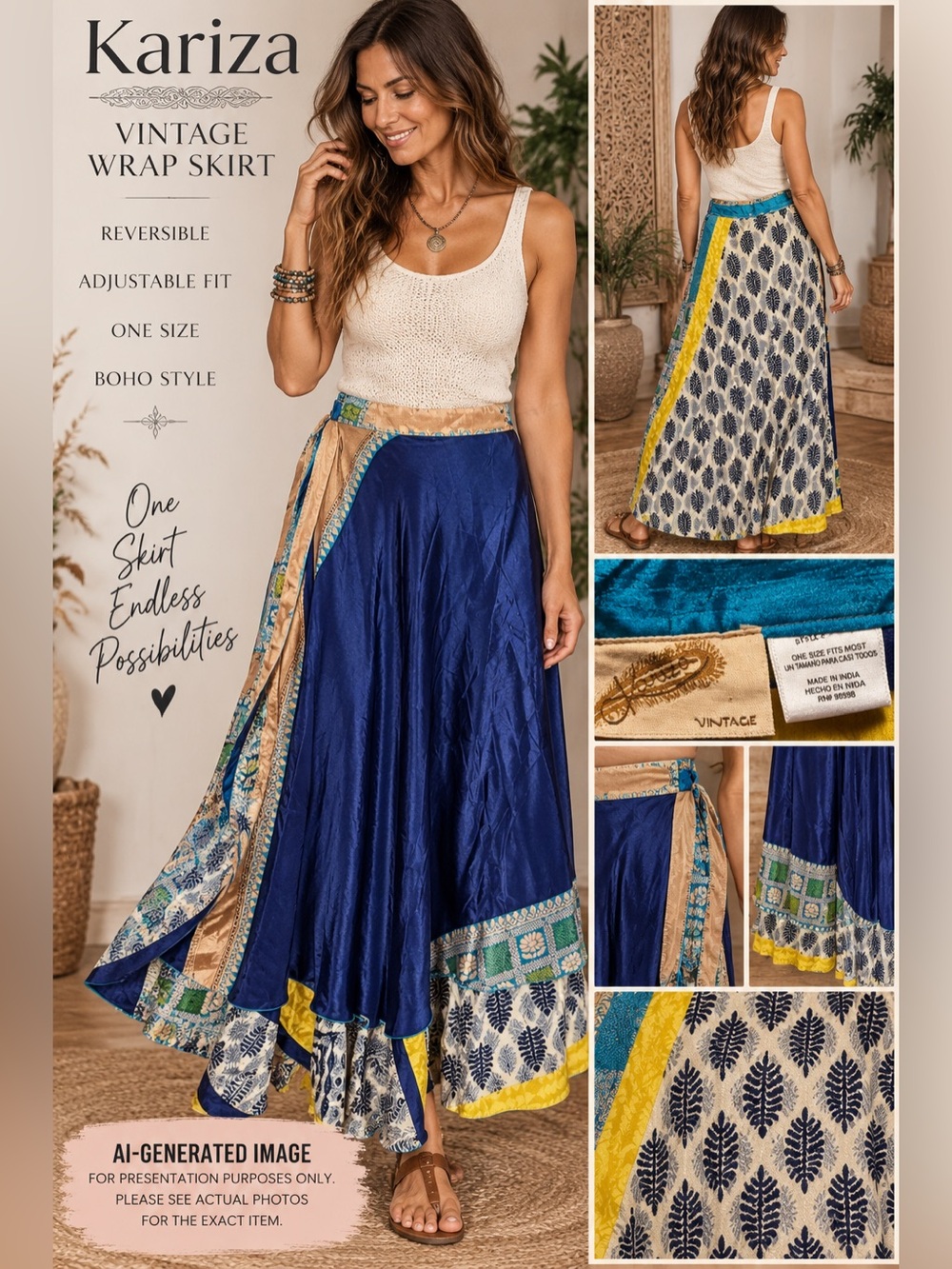 Kariza Vintage Reversible Silk Blend Wrap Skirt One Size Boho Maxi